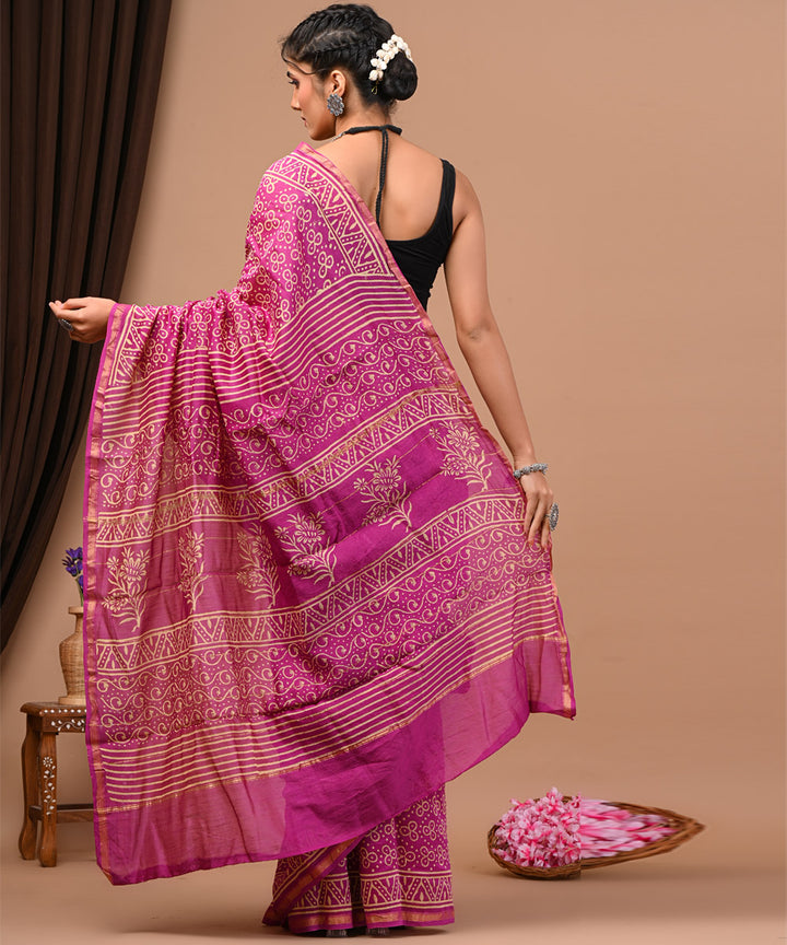 Pink offwhite cotton silk hand block printed sanganeri saree