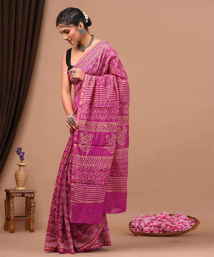 Pink offwhite cotton silk hand block printed sanganeri saree