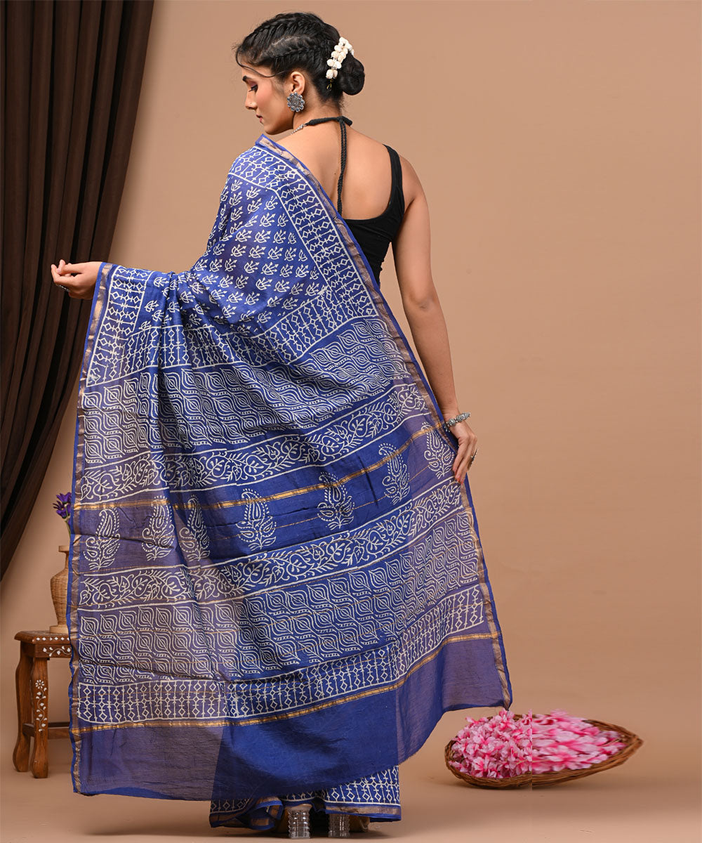 Cyan blue offwhite cotton silk hand block printed sanganeri saree