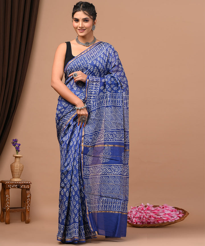 Cyan blue offwhite cotton silk hand block printed sanganeri saree