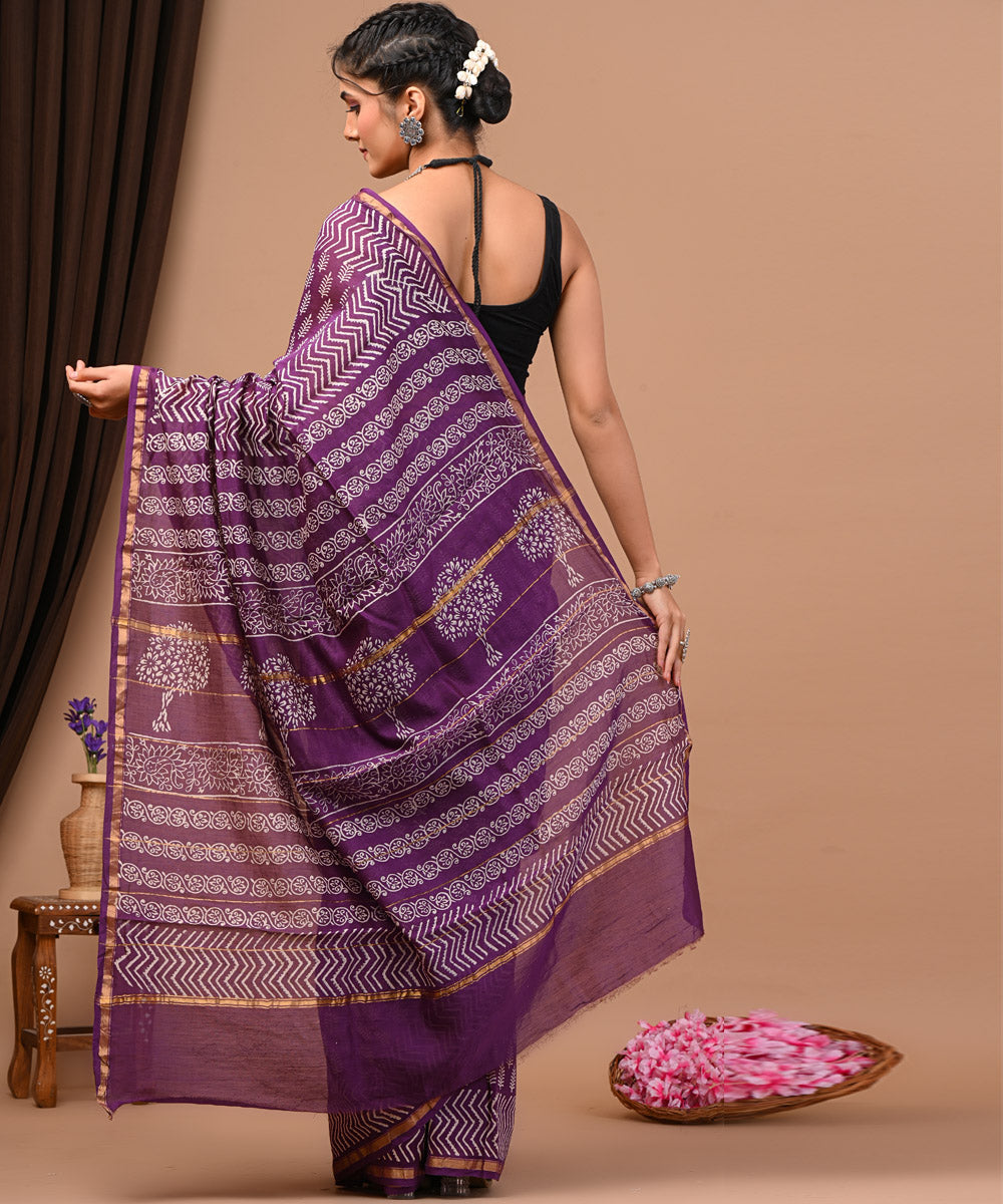 Lavender offwhite cotton silk hand block printed sanganeri saree