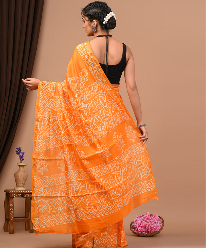 Orange offwhite cotton silk hand block printed sanganeri saree