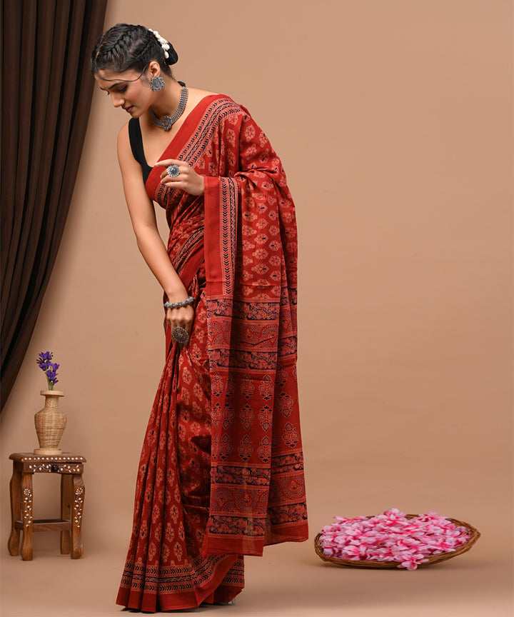 Red black cotton silk bagru hand block saree