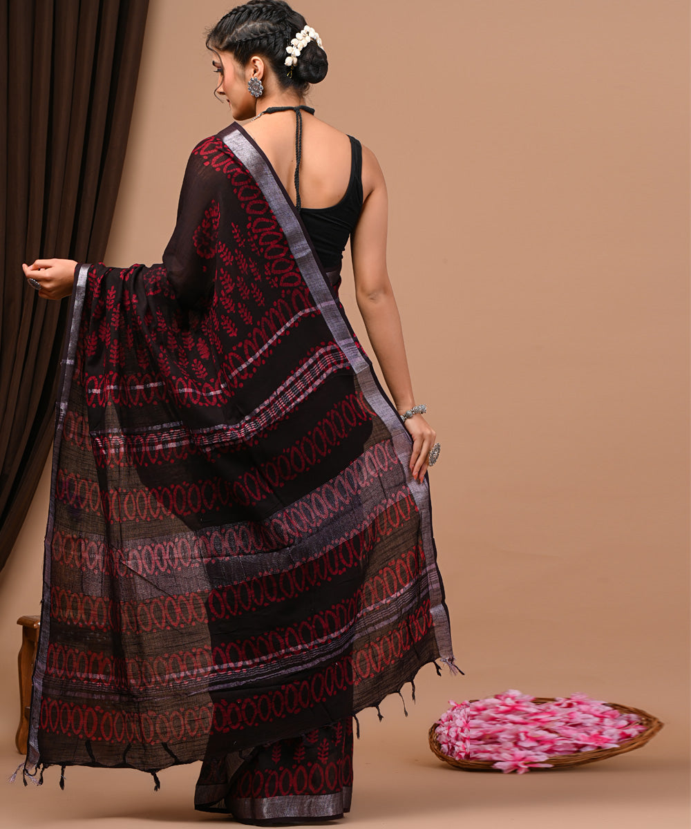 Red black cotton silk hand block bagru printed saree