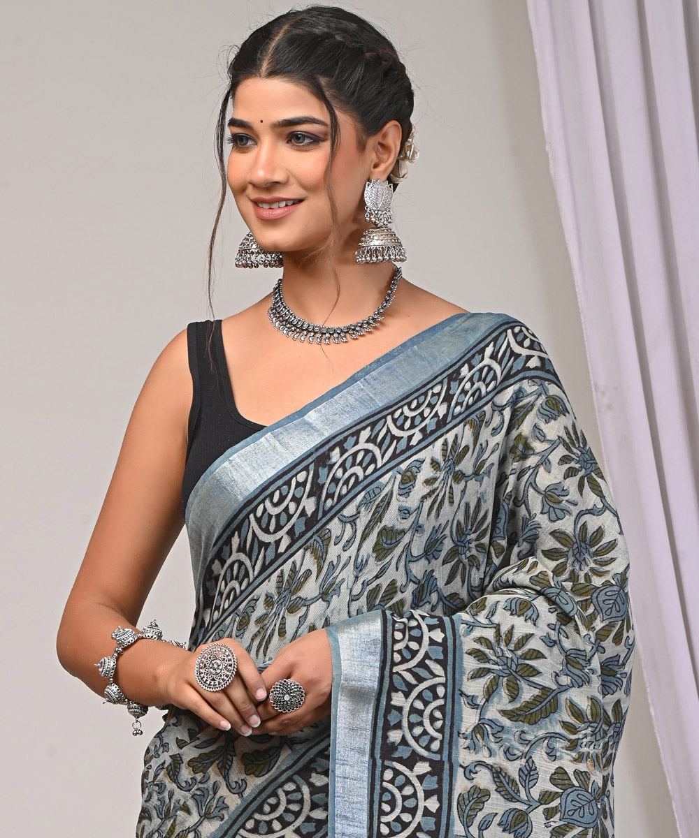 Cyan blue dhatri linen hand printed ajrakh saree