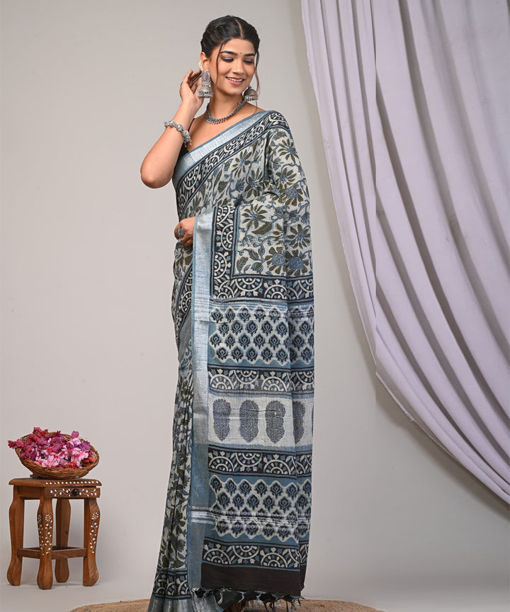 Cyan blue dhatri linen hand printed ajrakh saree