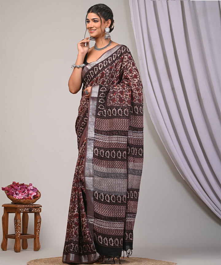 Brown manorama linen hand printed ajrakh saree