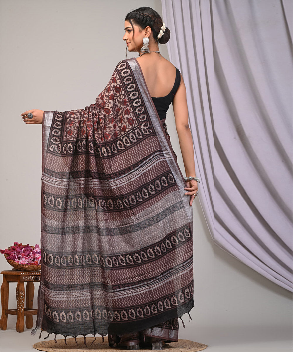 Brown manorama linen hand printed ajrakh saree