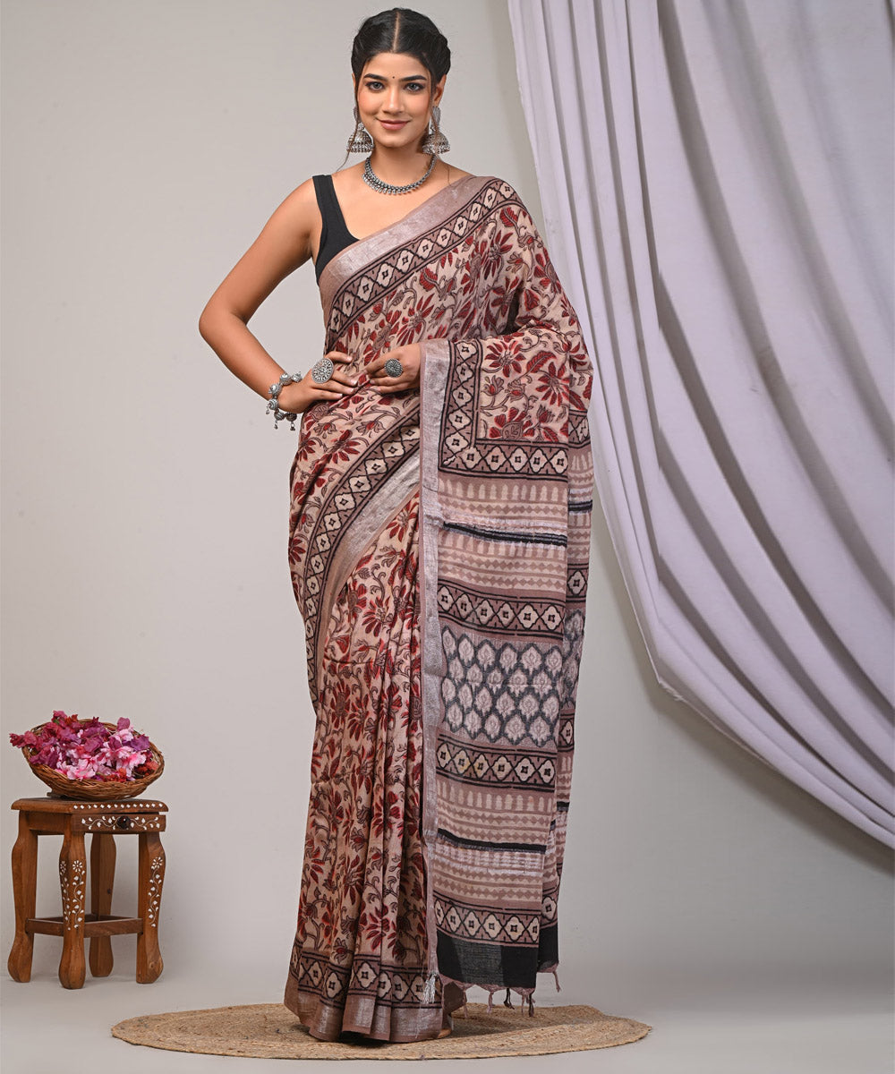 Brown vividha linen hand printed ajrakh saree