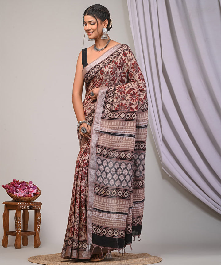Brown vividha linen hand printed ajrakh saree