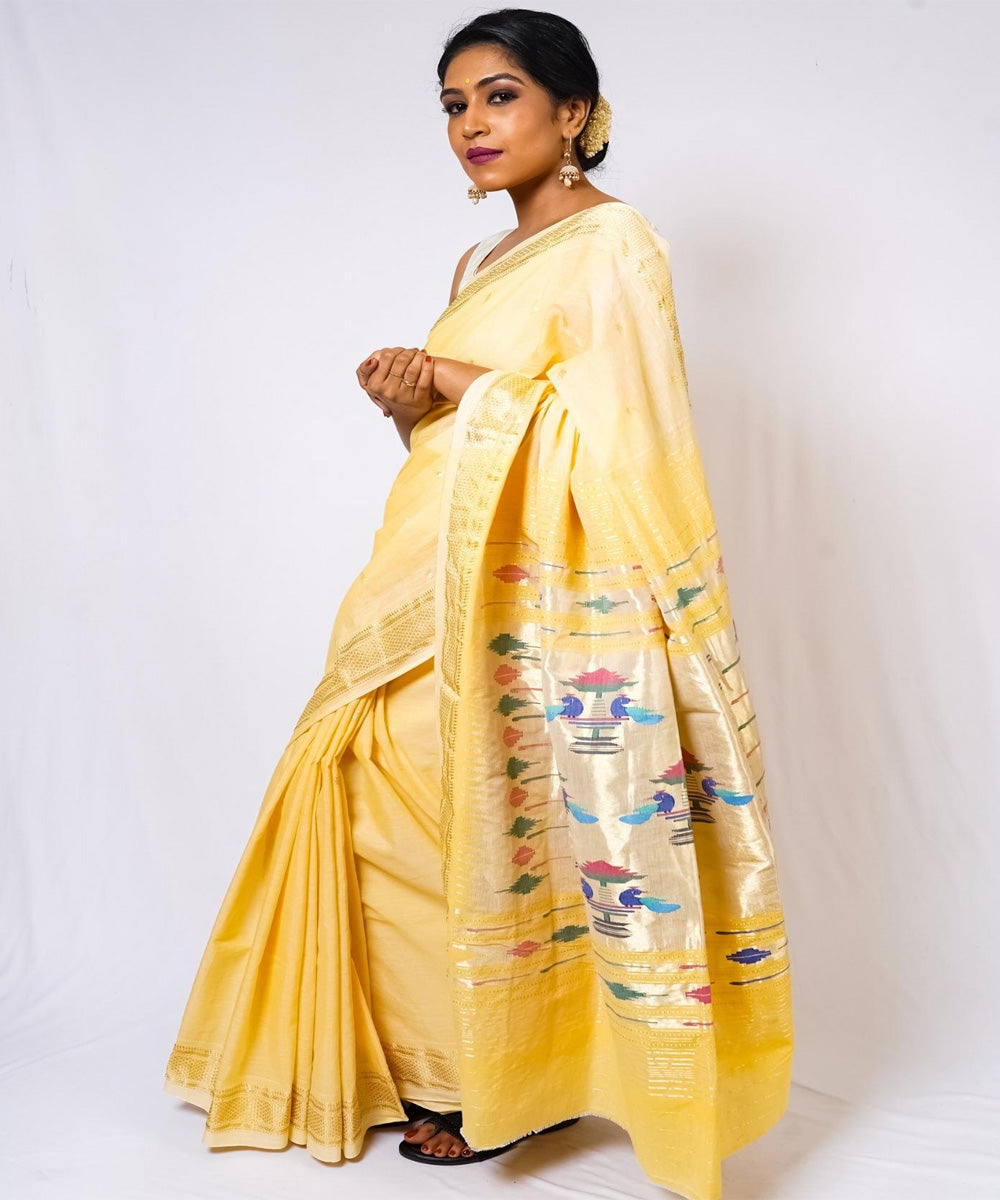 Butterscotch yellow handwoven paithani cotton saree