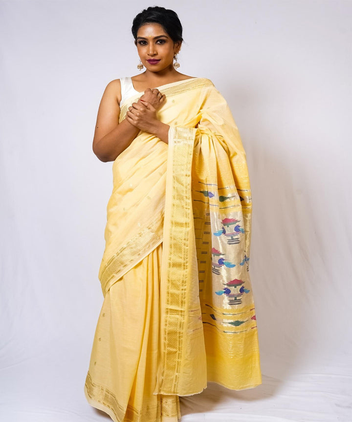 Butterscotch yellow handwoven paithani cotton saree