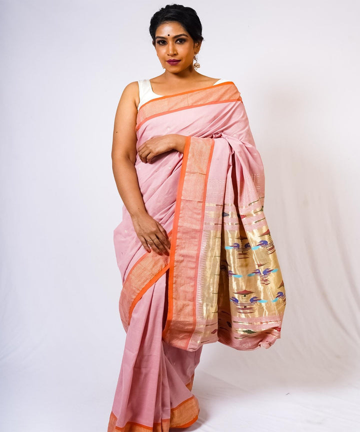 Baby pink handwoven paithani cotton saree