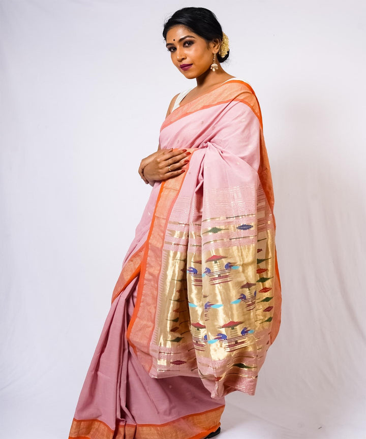 Baby pink handwoven paithani cotton saree