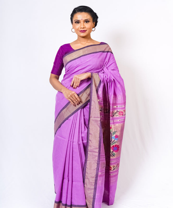 Lavender handwoven paithani cotton saree