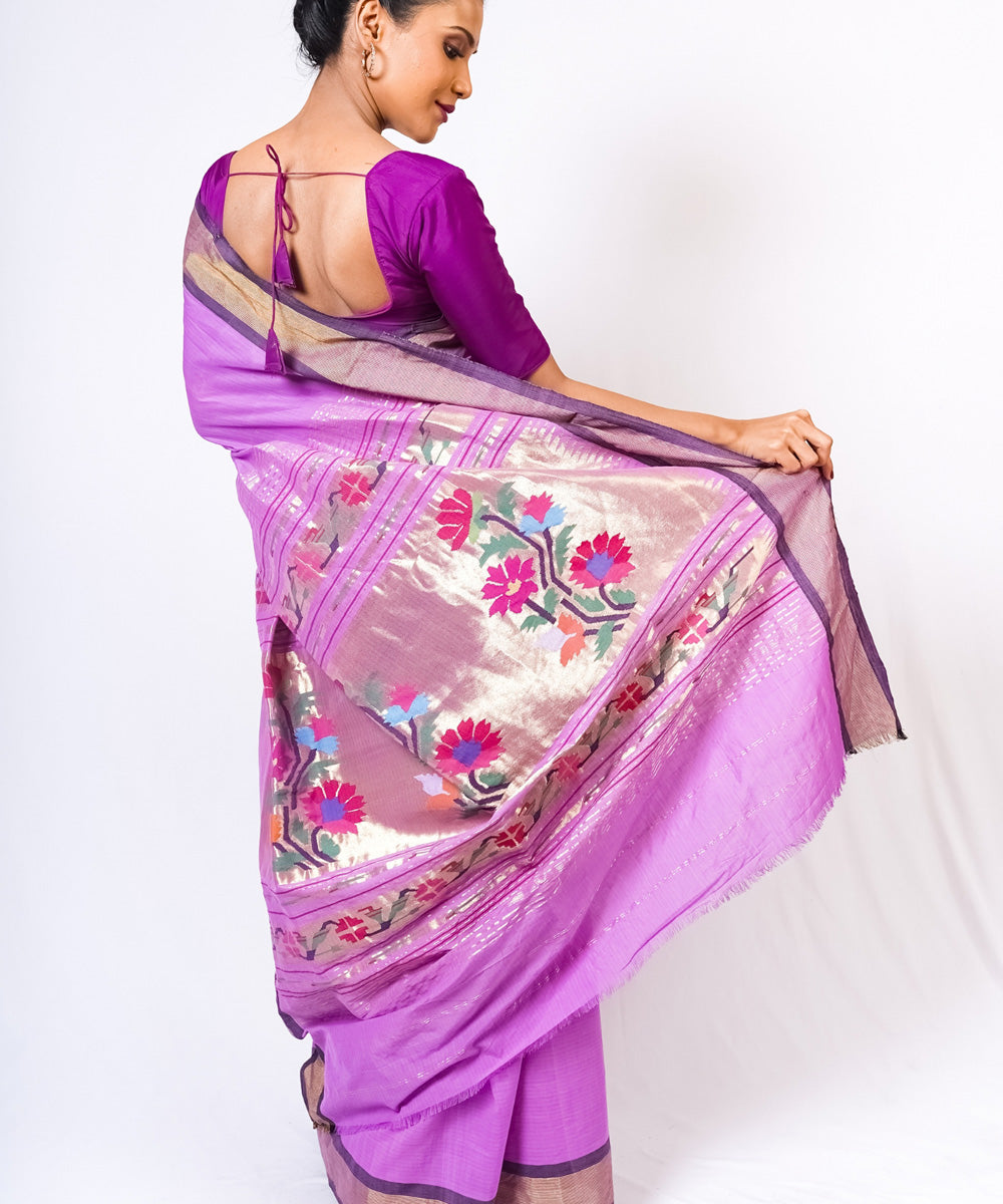 Lavender handwoven paithani cotton saree