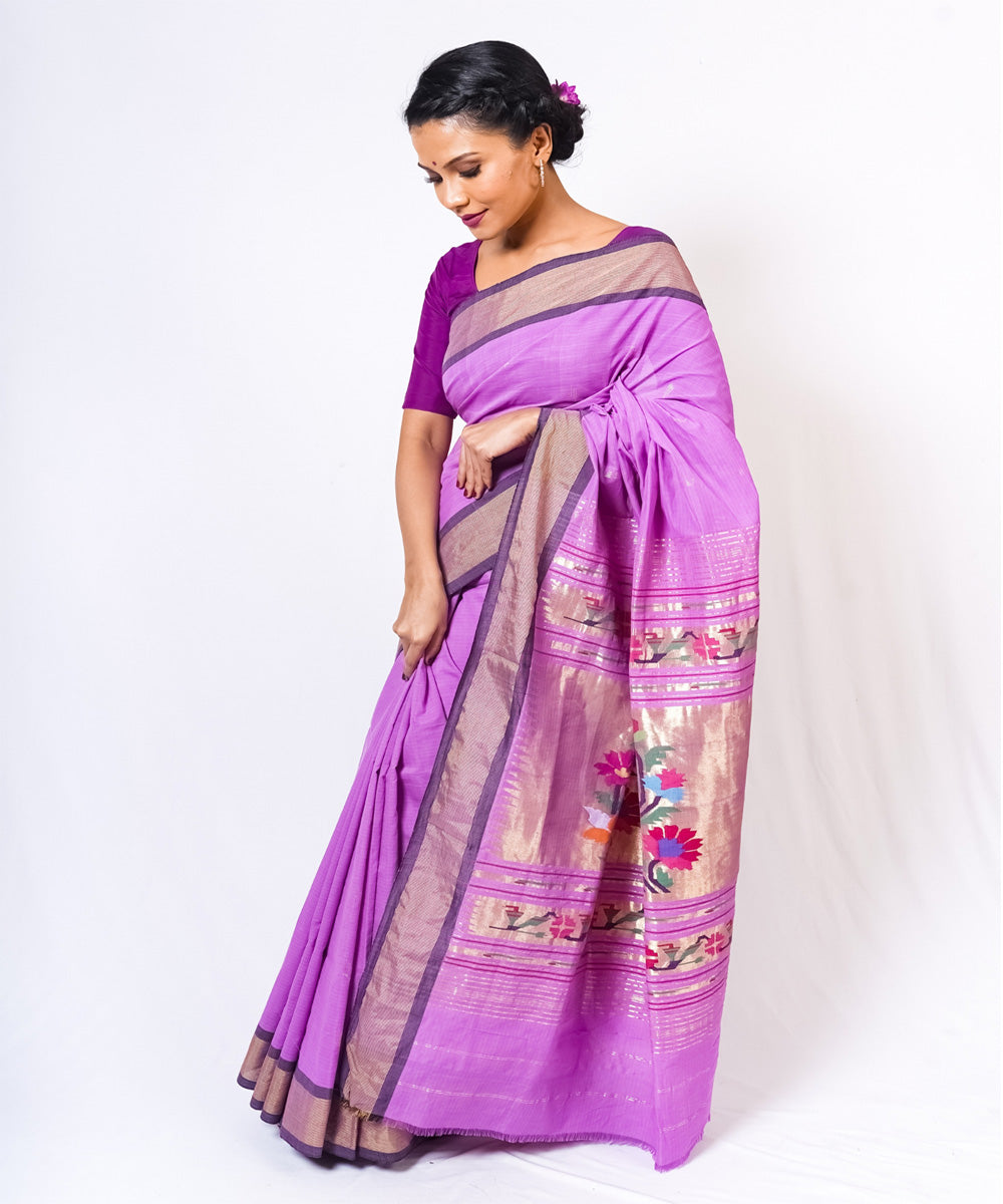 Lavender handwoven paithani cotton saree