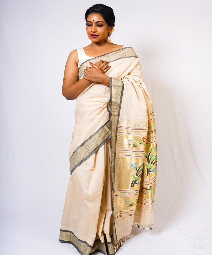 Beige lotus pallu handwoven paithani cotton saree