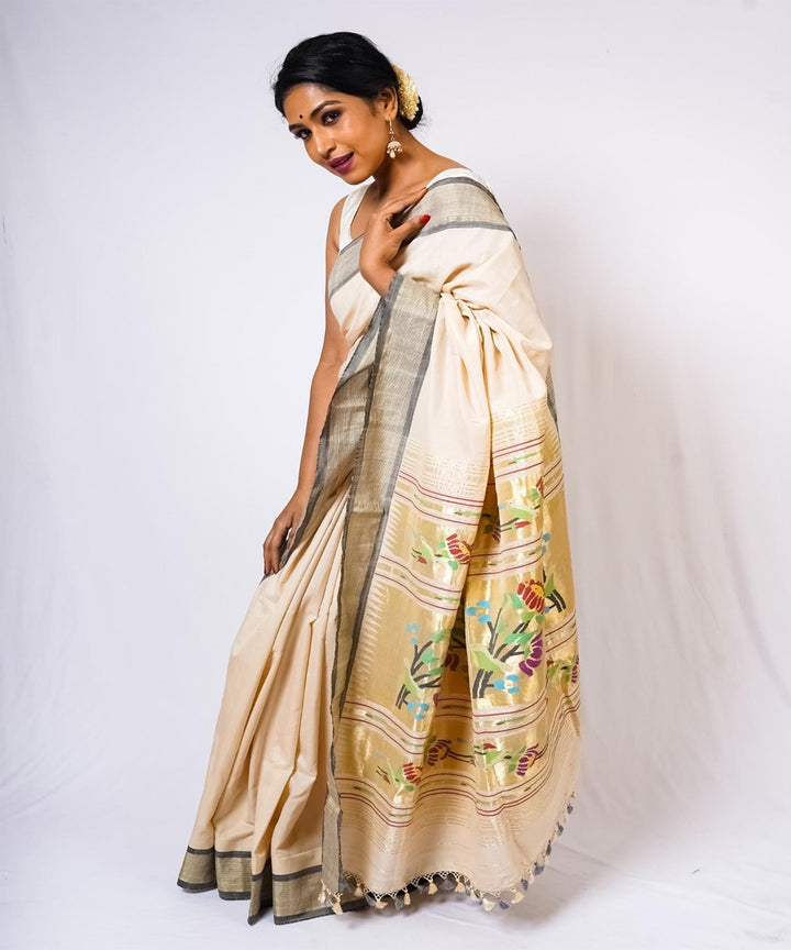 Beige lotus pallu handwoven paithani cotton saree