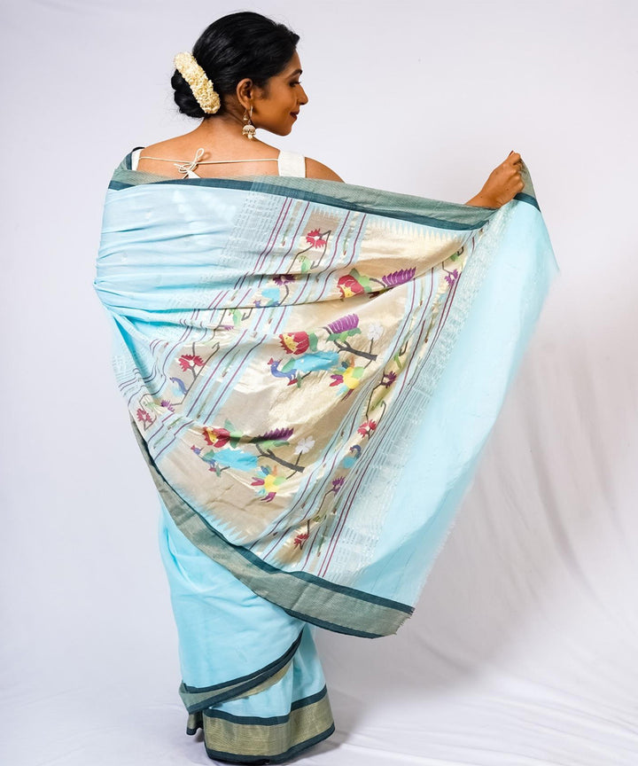 Arctic blue handwoven paithani cotton saree
