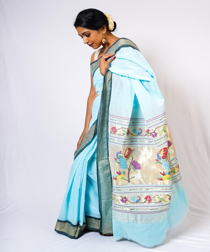 Arctic blue handwoven paithani cotton saree