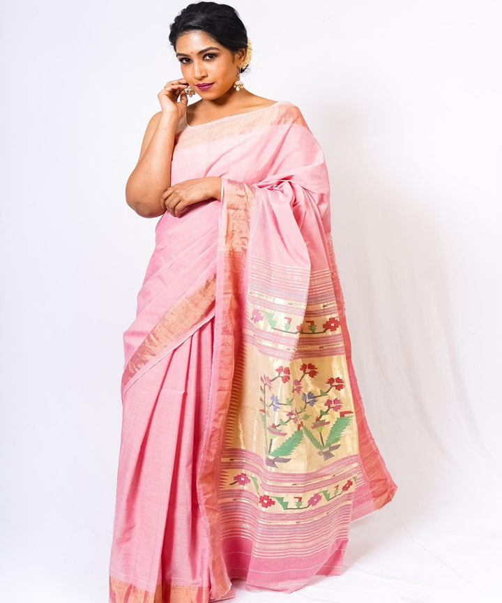 Baby pink peacock motif handwoven paithani cotton saree