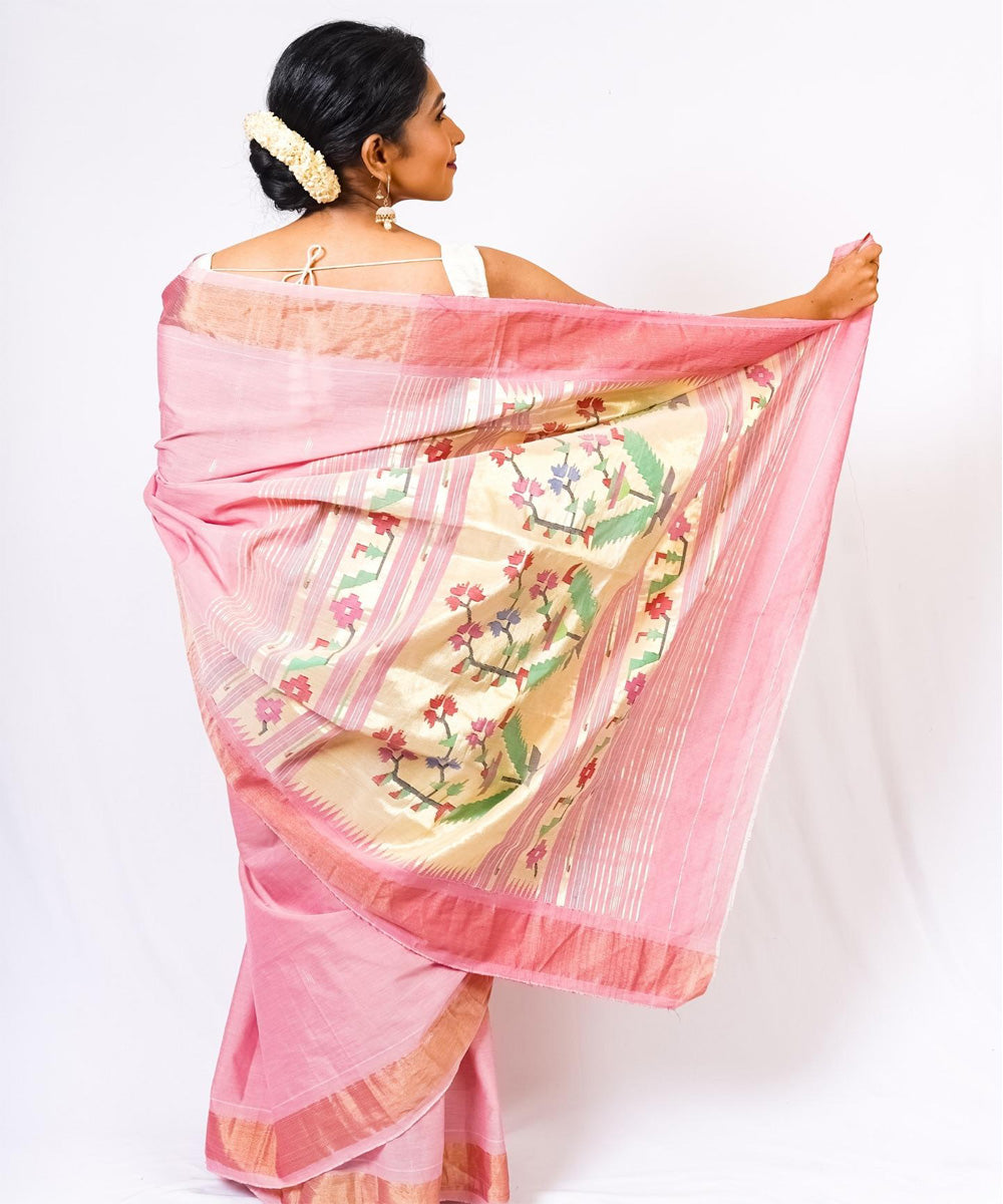 Baby pink peacock motif handwoven paithani cotton saree