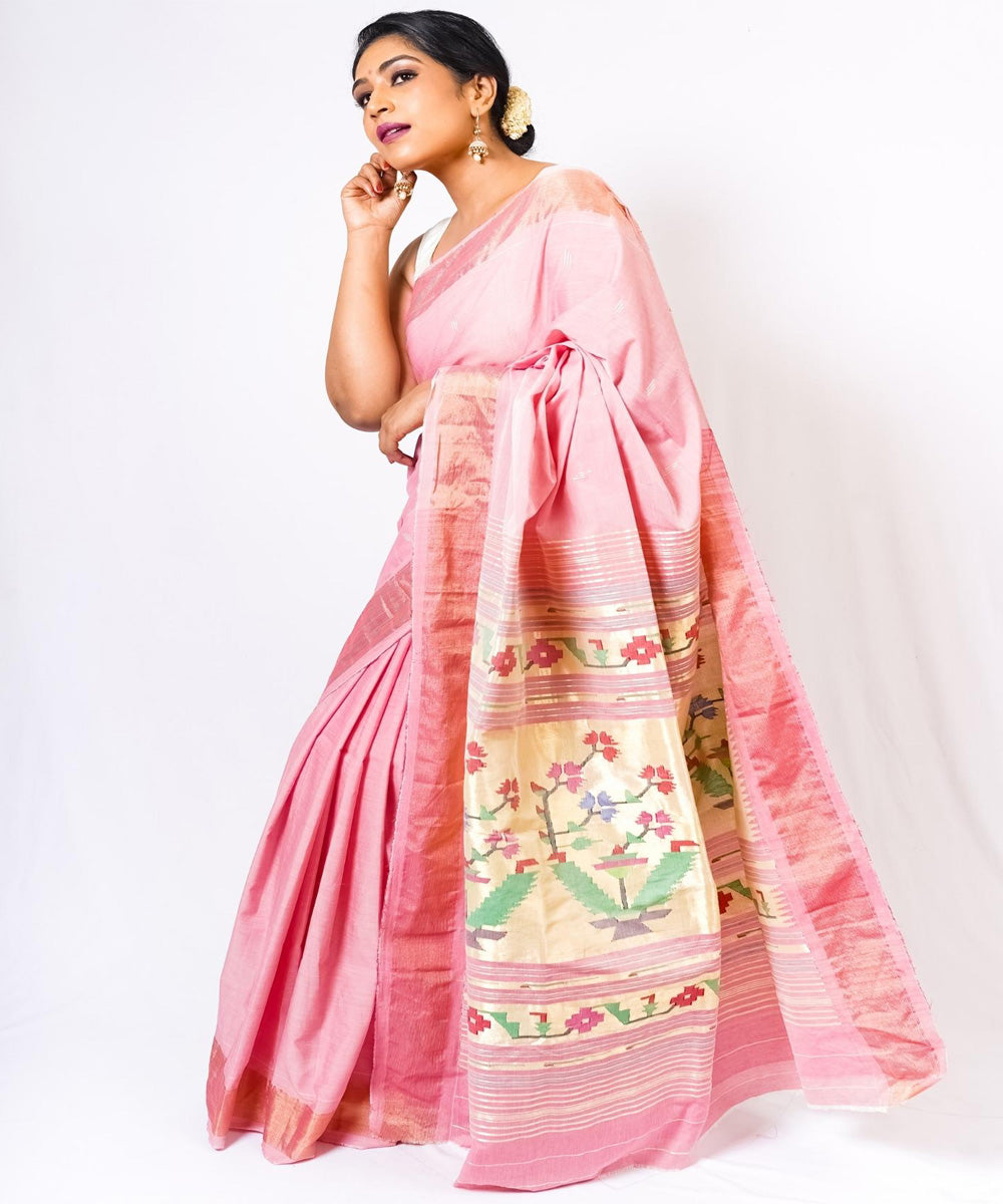 Baby pink peacock motif handwoven paithani cotton saree