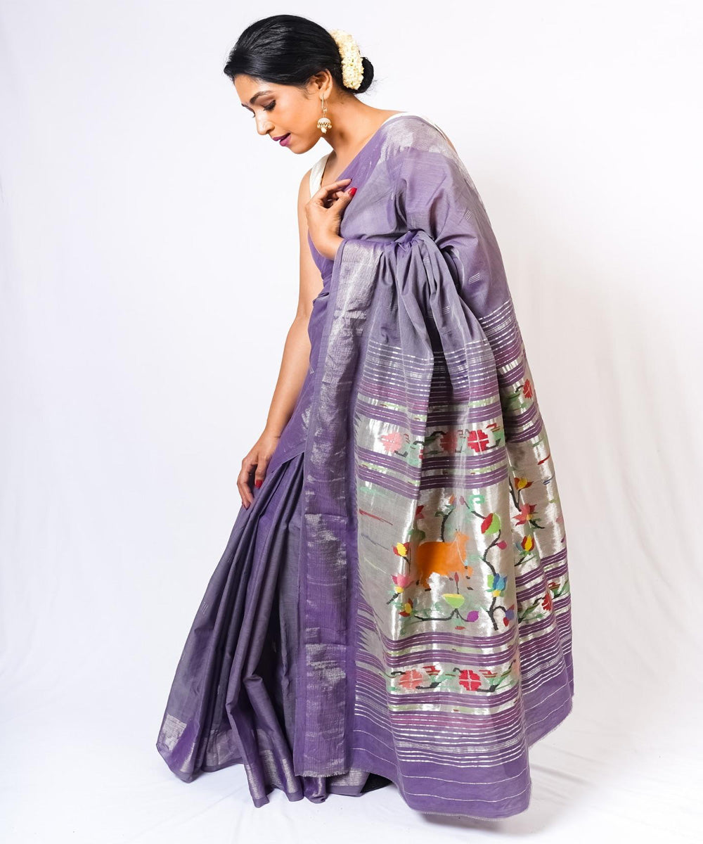 Grey handwoven paithani cotton saree