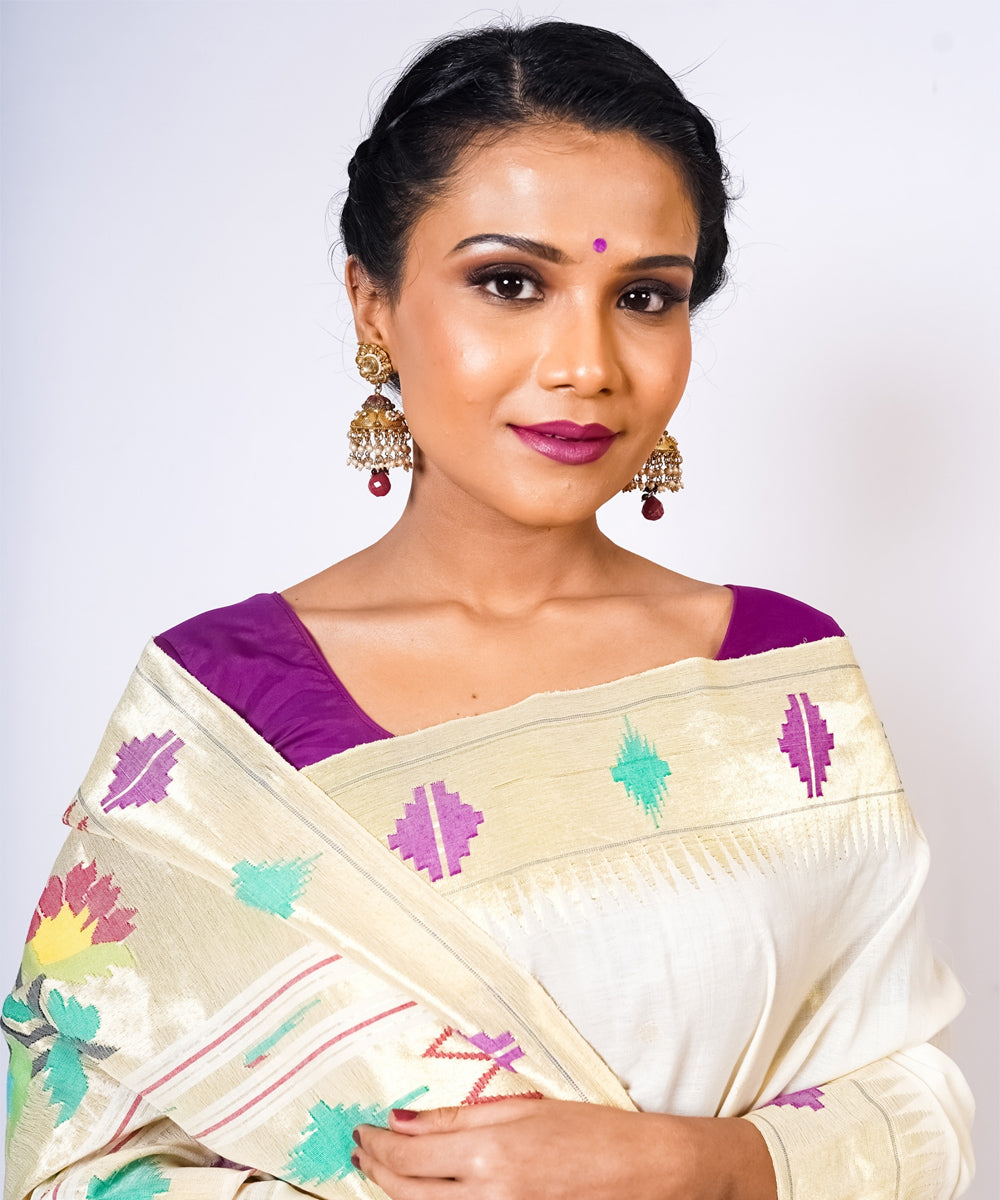 Pearl white handloom paithani cotton saree