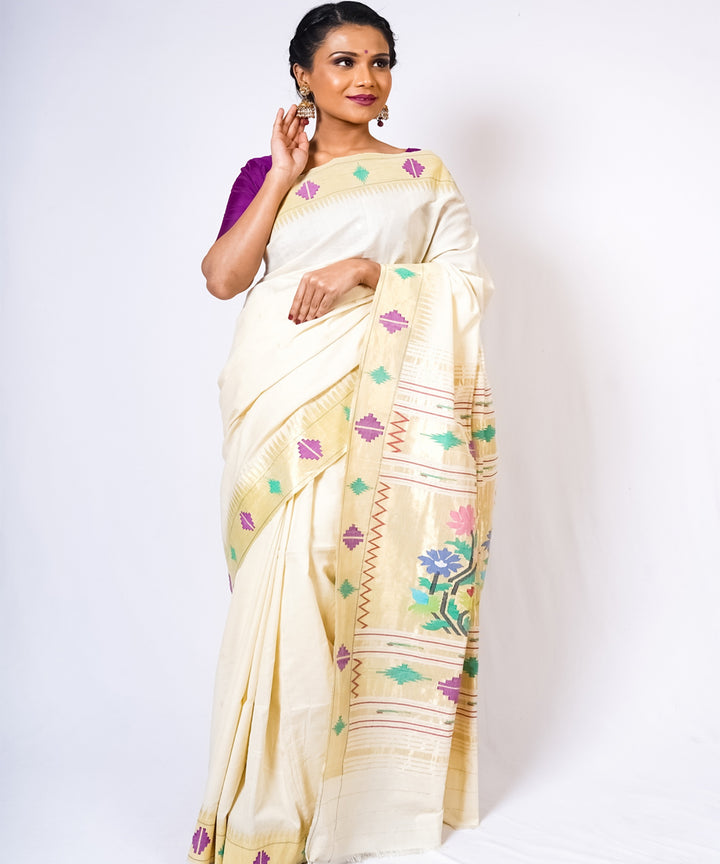 Pearl white handloom paithani cotton saree