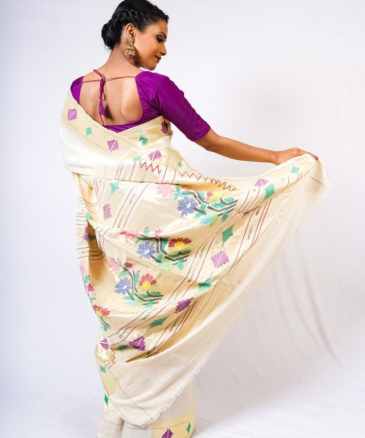 Pearl white handloom paithani cotton saree
