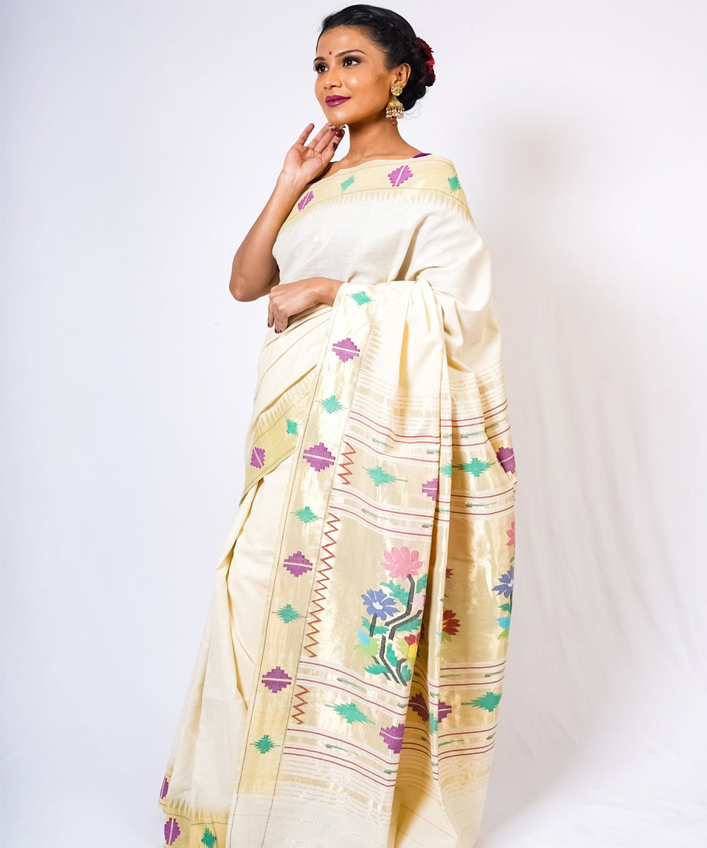 Pearl white handloom paithani cotton saree