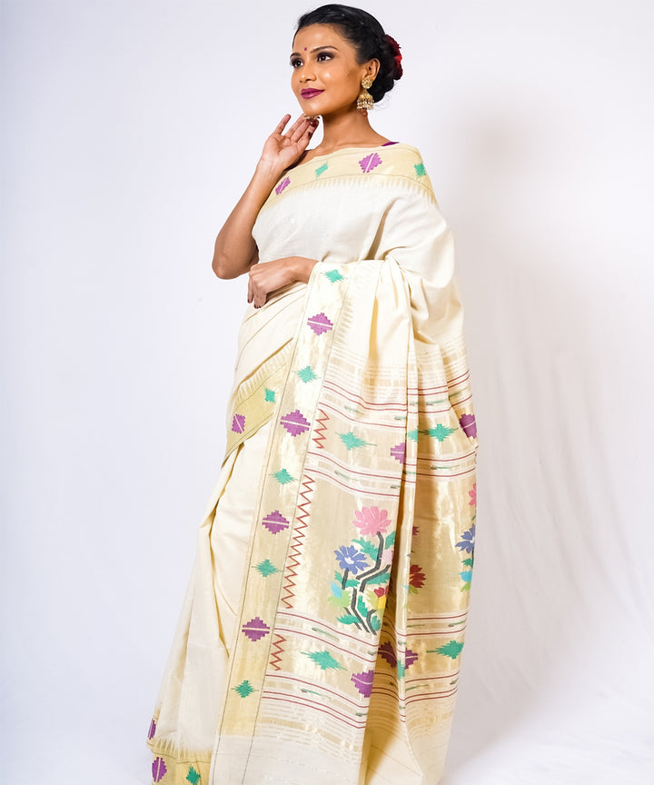 Pearl white handloom paithani cotton saree