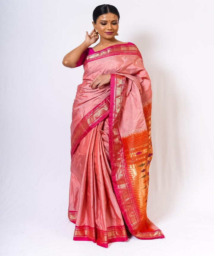 Peach handwoven paithani silk saree