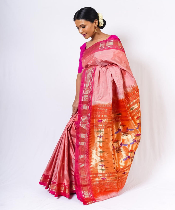 Peach handwoven paithani silk saree