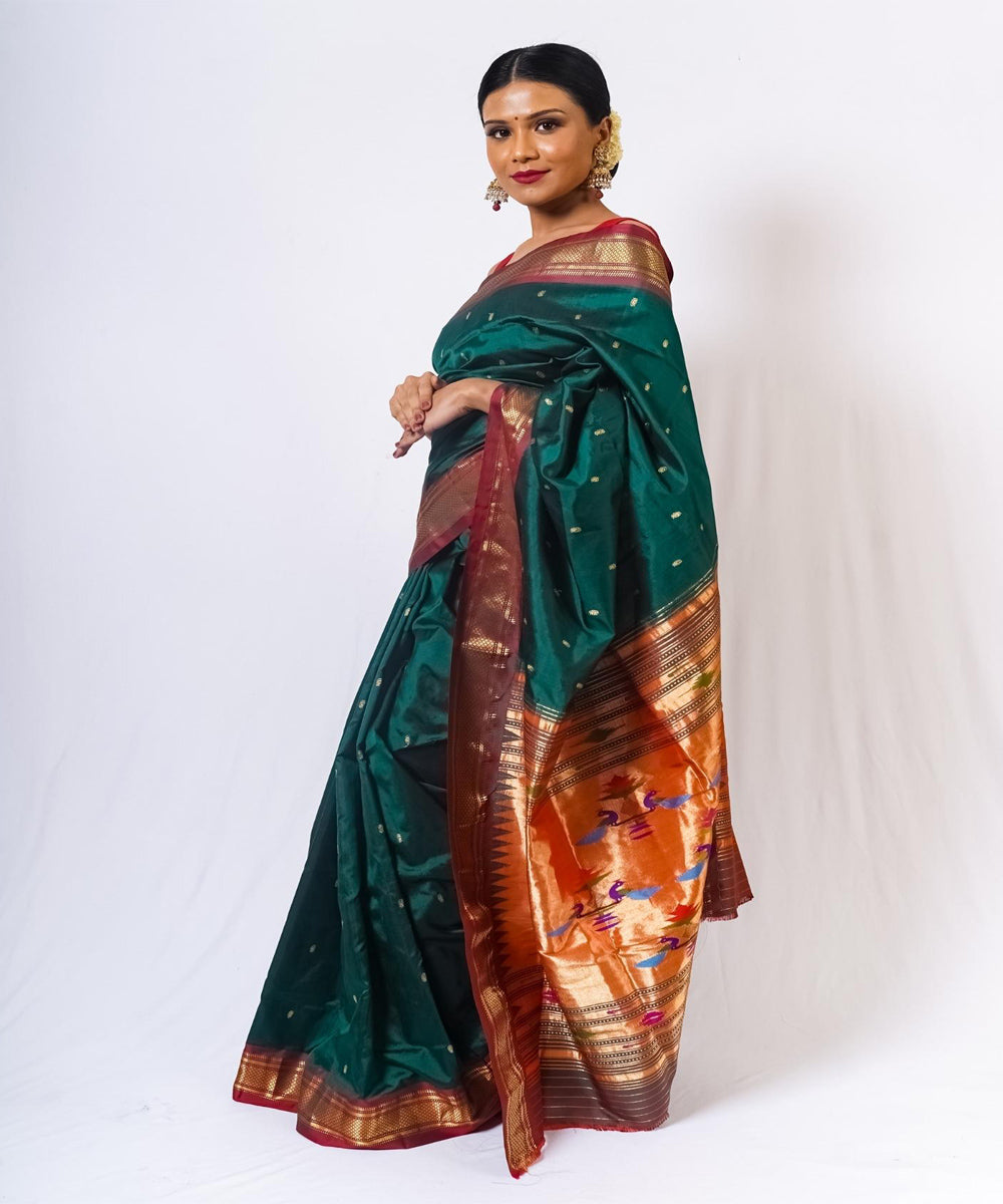 Dark green handwoven paithani silk saree