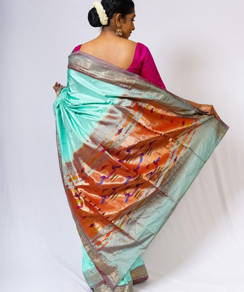 Turquoise golden pallu handwoven paithani silk saree