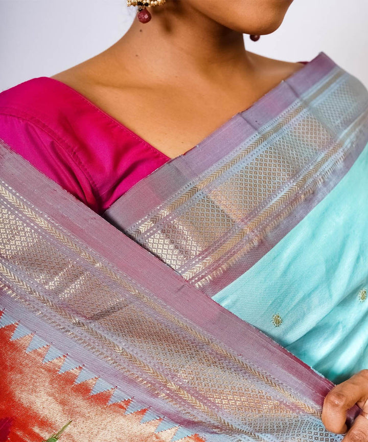 Turquoise handwoven paithani silk saree
