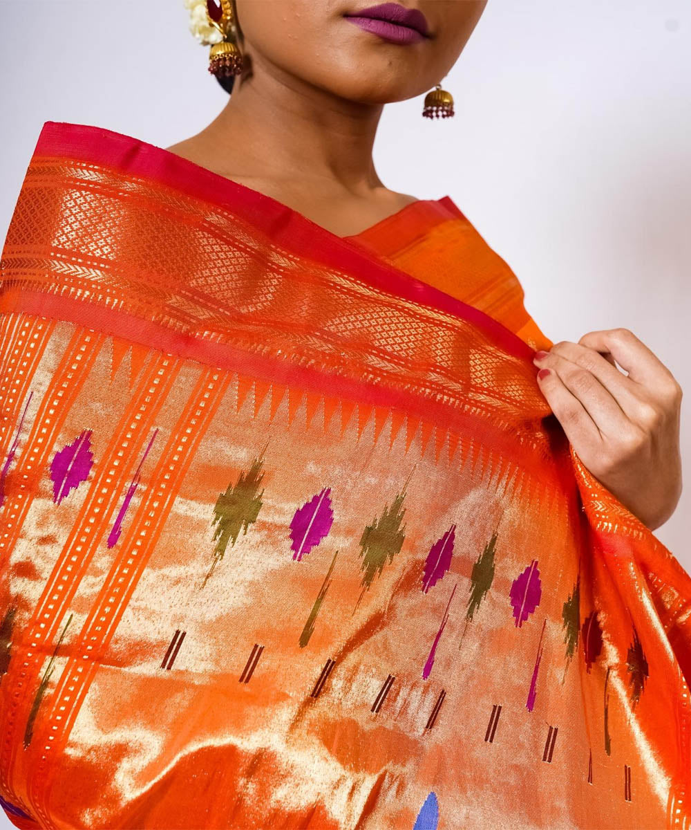 Orange handwoven paithani silk saree