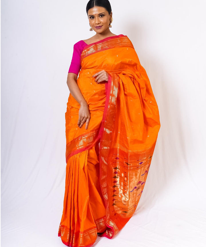 Orange handwoven paithani silk saree