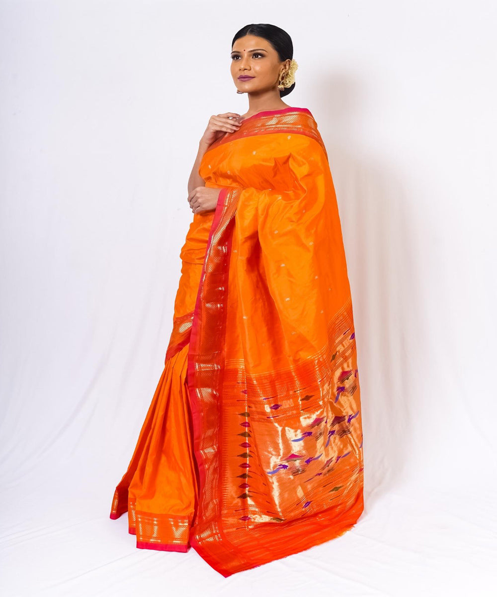 Orange handwoven paithani silk saree