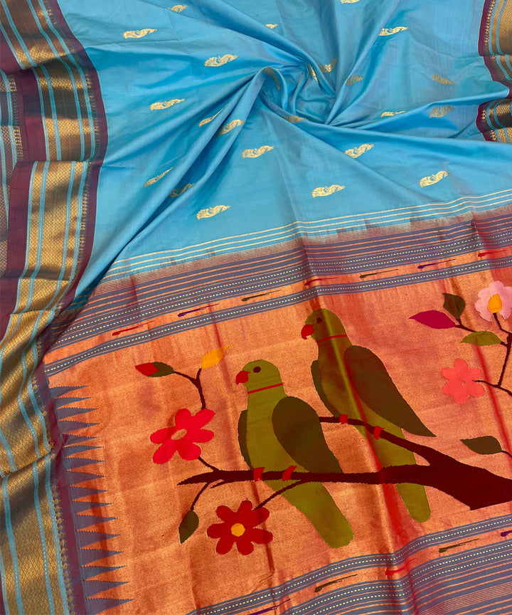 Powder blue rich pallu silk handloom paithani saree