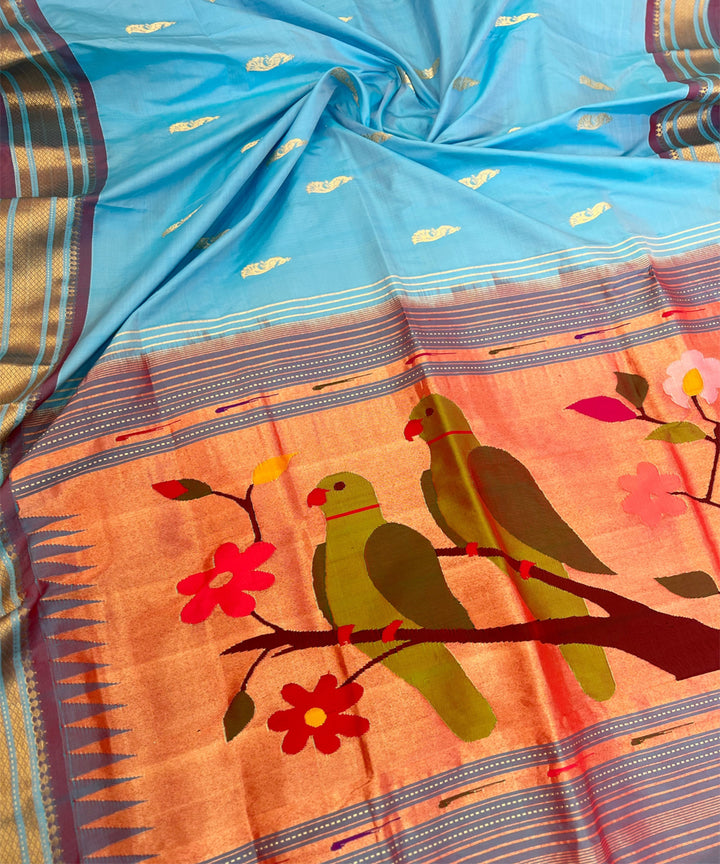 Powder blue rich pallu silk handloom paithani saree