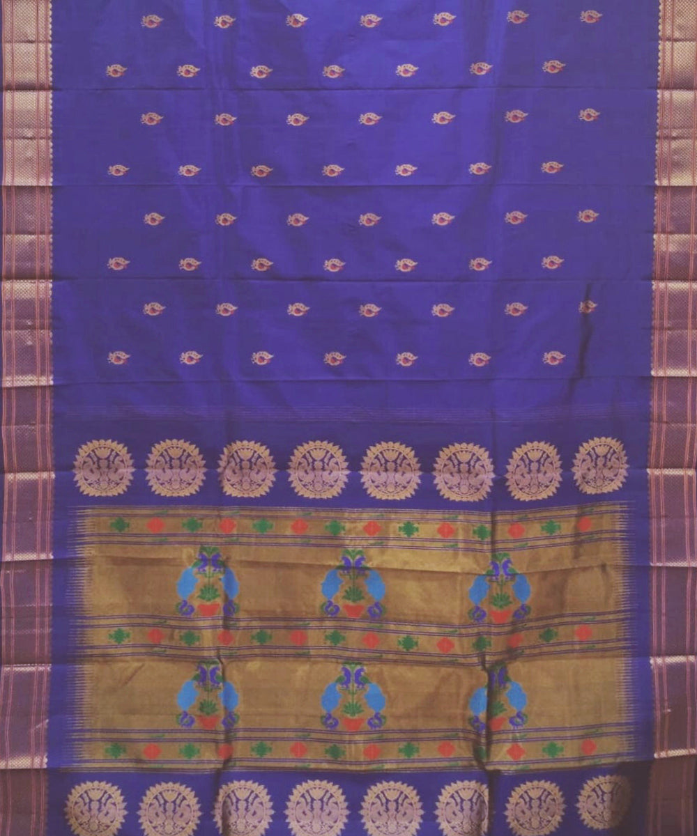 Navy blue peacock butti silk handloom paithani saree