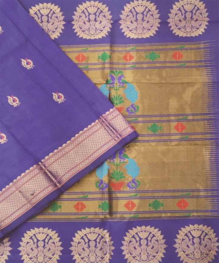 Navy blue peacock butti silk handloom paithani saree