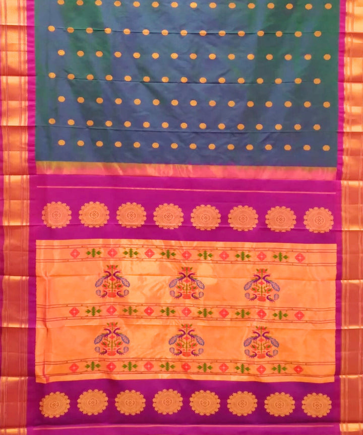 Peacock blue silk handloom paithani saree with pink border