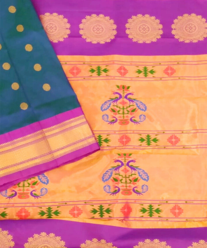 Peacock blue silk handloom paithani saree with pink border