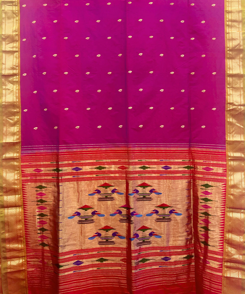 Purple silk handloom paithani saree with green contrast border