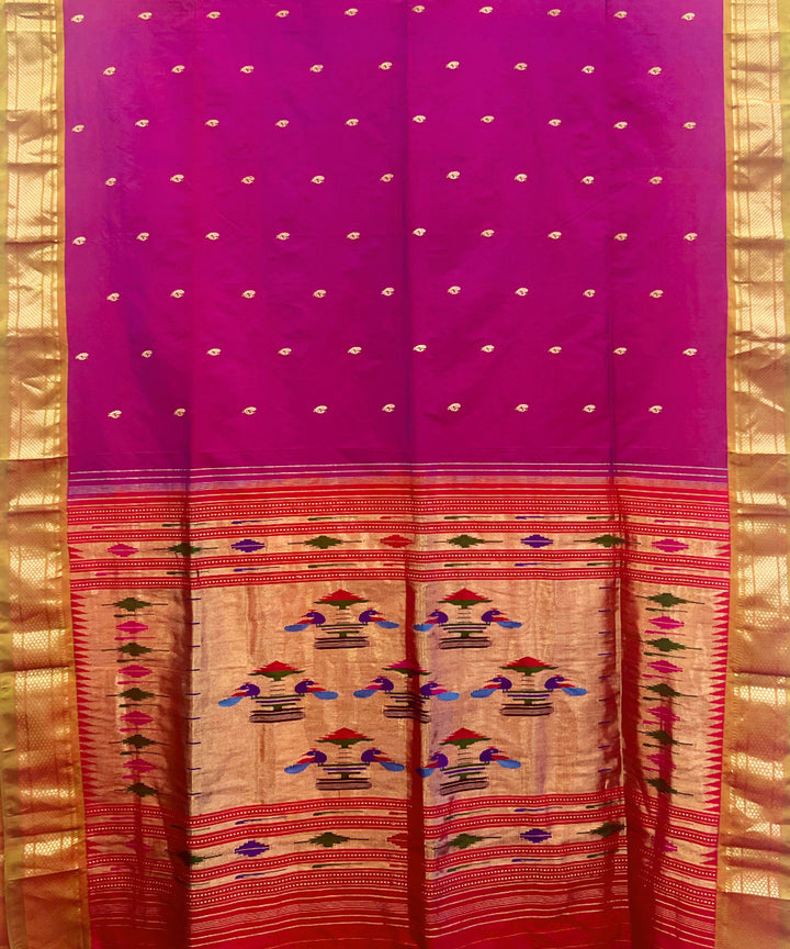 Purple silk handloom paithani saree with green contrast border